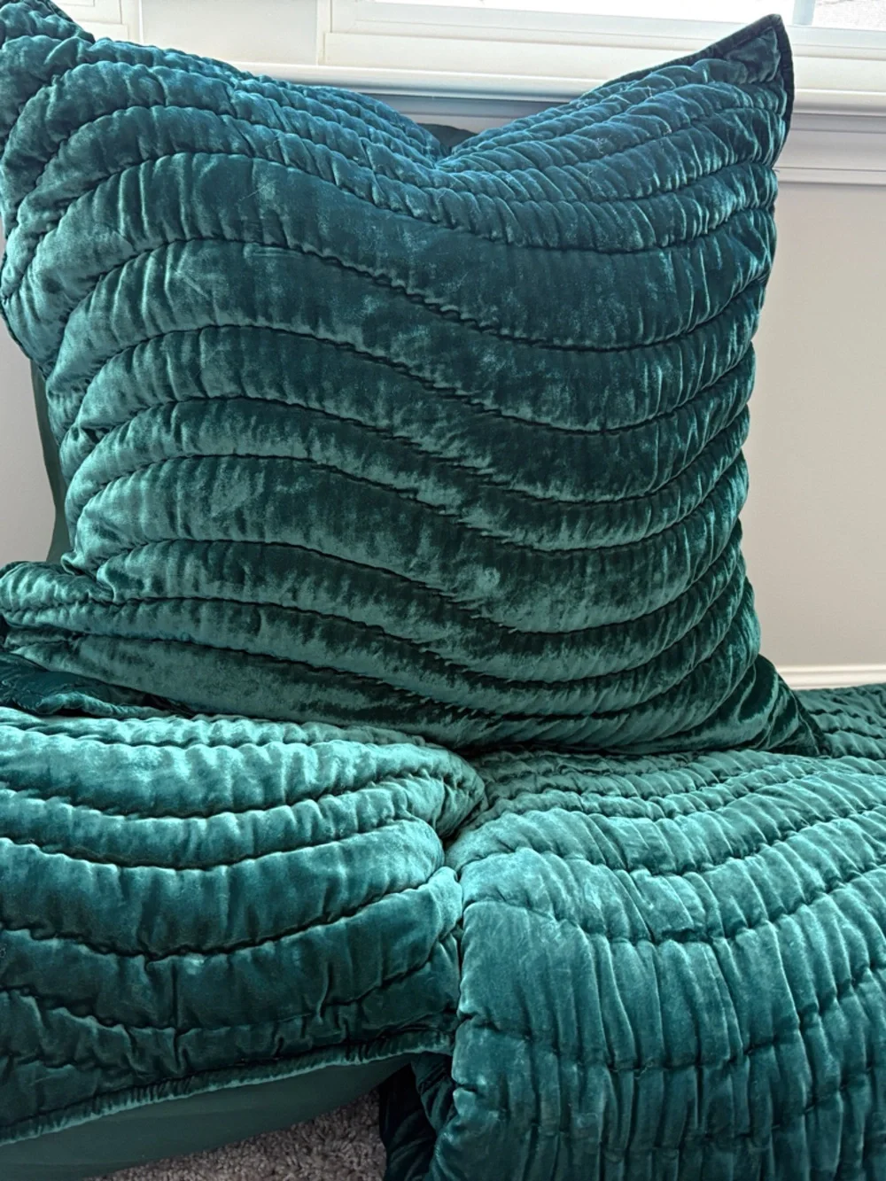 West Elm Lush Velvet Wave Quilt and 2 Euro Shams